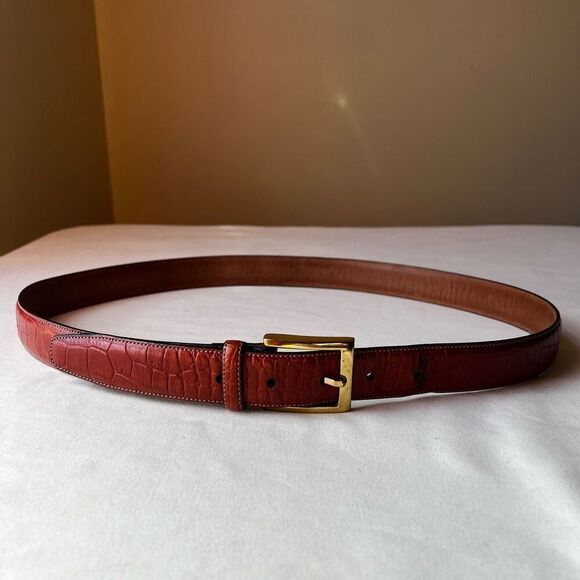 Tommy Hilfiger Croc Embossed Leather Belt Cognac Brown Gold Buckle 38